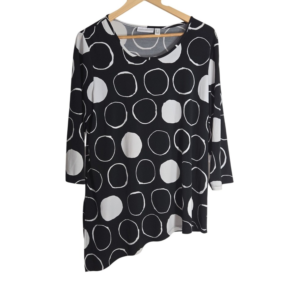 Susan Graver Black White Polka Dot Asymmetrical Tunic Top Womens L Casual